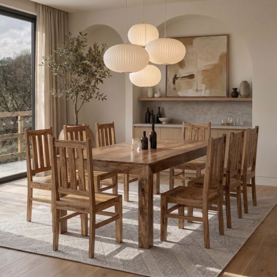 Acre & Artisan Light Mango Wood 220Cm Dining Table 8 Mango Wood Chairs