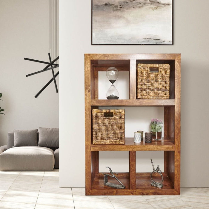 Dakota Mango Wood 98cm Open Bookcase with Rattan Baskets - In stock