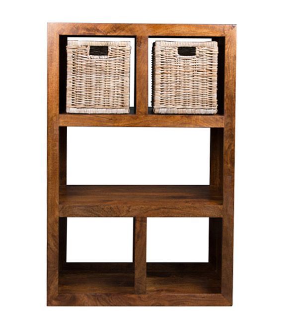 Dakota Mango Wood 98cm Open Bookcase with Rattan Baskets - In stock