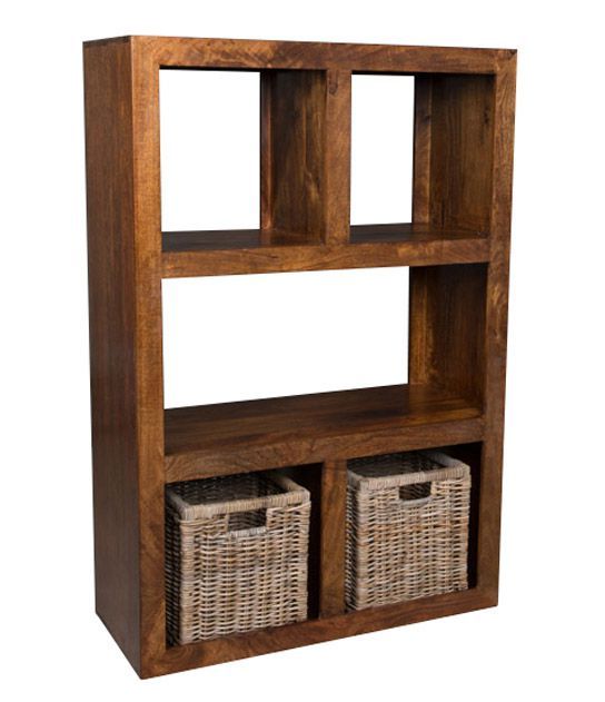 Dakota Mango Wood 98cm Open Bookcase with Rattan Baskets - In stock