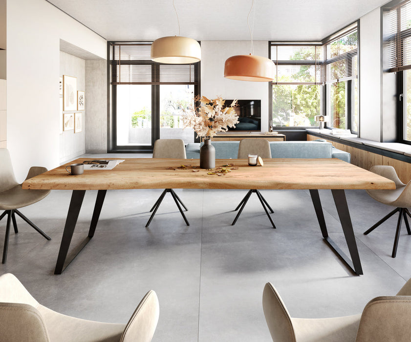 Dining Table Olympus Live Edge 260cm Acacia Wood Natural Slanted Frame Black 55mm Top