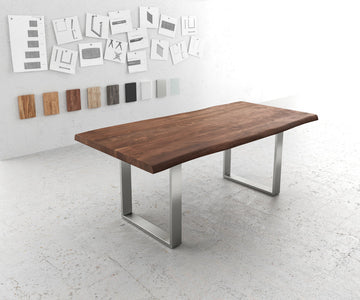 Dining Table Olympus Live Edge 200cm Acacia Wood Brown Square Frame Slim Steel 55mm Top