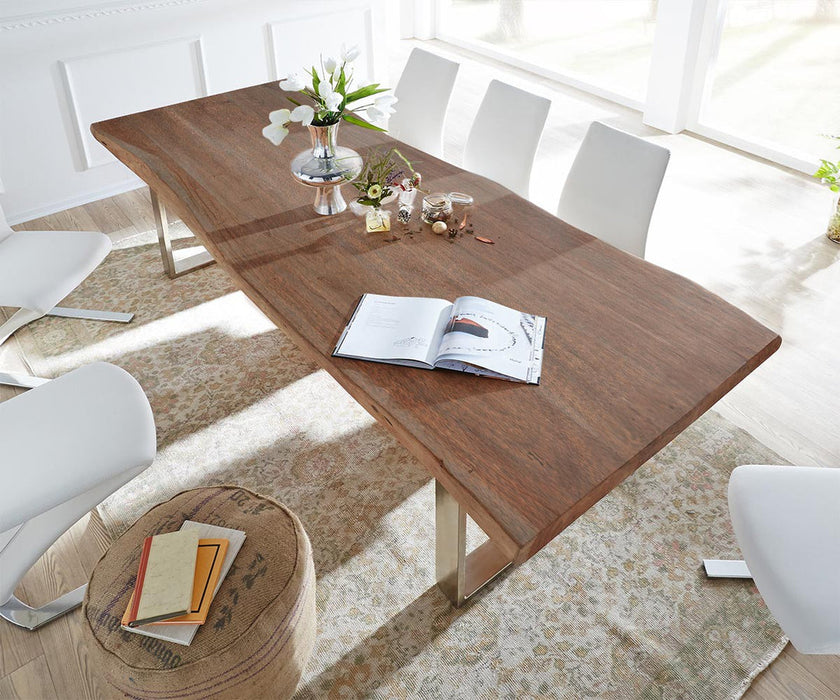 Dining Table Olympus Live Edge 300cm Acacia Wood Brown Square Frame Slim Steel 55mm Top