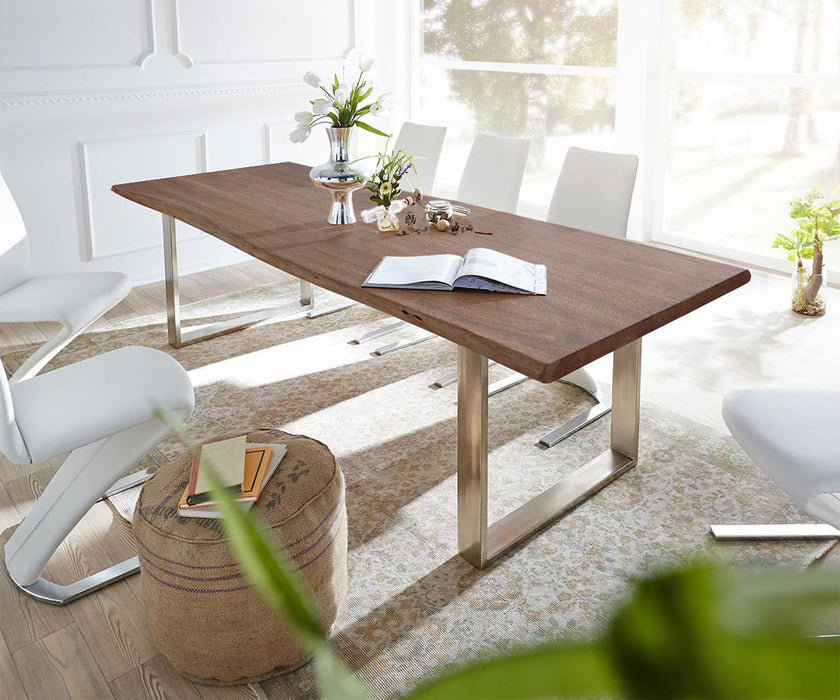 Dining Table Olympus Live Edge 300cm Acacia Wood Brown Square Frame Slim Steel 35mm Top