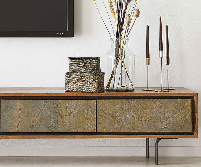 TV Stand Juwelo 200cm 4 Doors Acacia Wood Natural With Stone Veneer