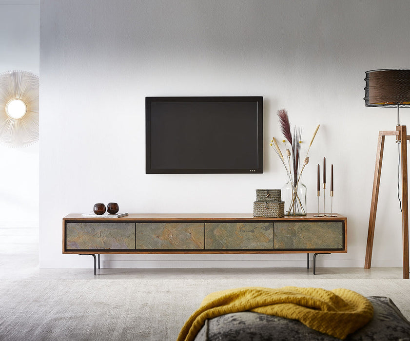 TV Stand Juwelo 200cm 4 Doors Acacia Wood Natural With Stone Veneer