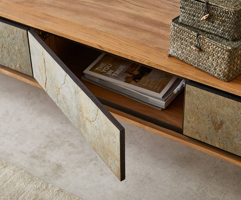 TV Stand Juwelo 220cm 4 Doors Acacia Wood Natural With Stone Veneer