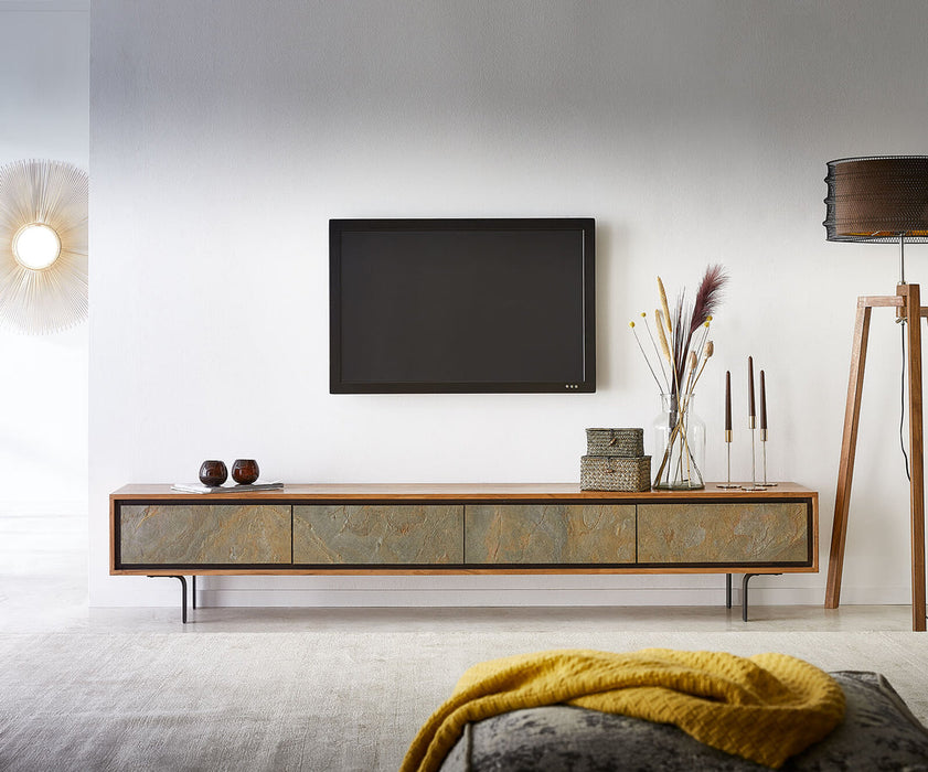 TV Stand Juwelo 220cm 4 Doors Acacia Wood Natural With Stone Veneer