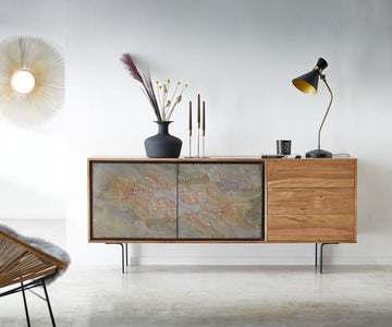 Sideboard Juwelo 175cm 2 Doors 3 Drawers Acacia Wood Natural Stone Veneer