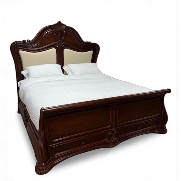 Marbella French Style Carved Sleigh Bed with Padded Headboard