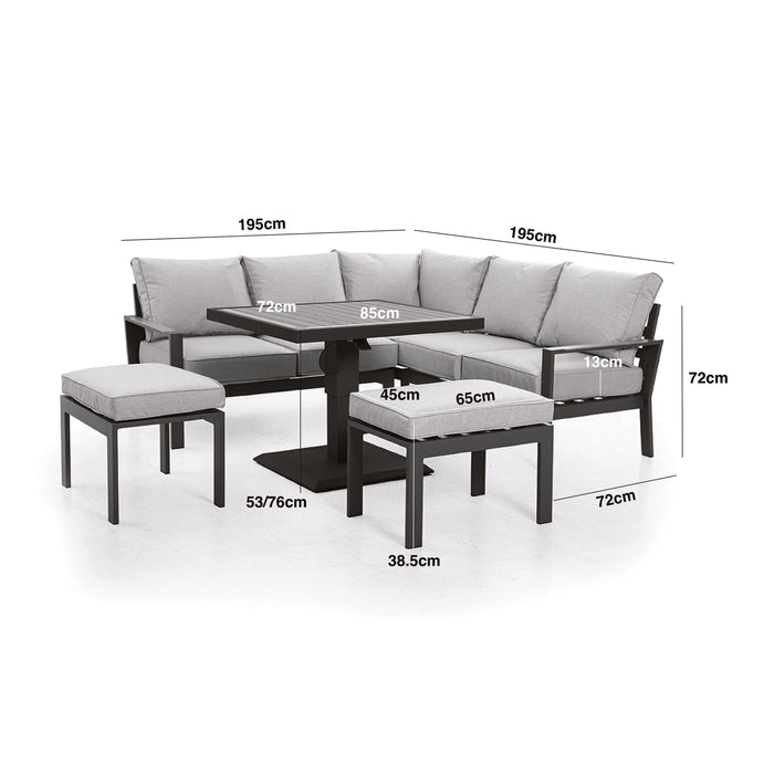 Vancouver Small Aluminium Sofa Dining Set with Square Rising Table & 2 Stools - Dove Grey