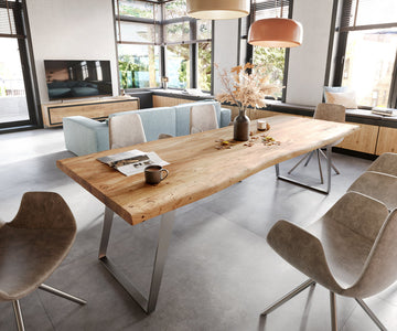 Dining Table Olympus Live Edge 260cm Acacia Wood Natural Slanted Frame Steel 55mm Top