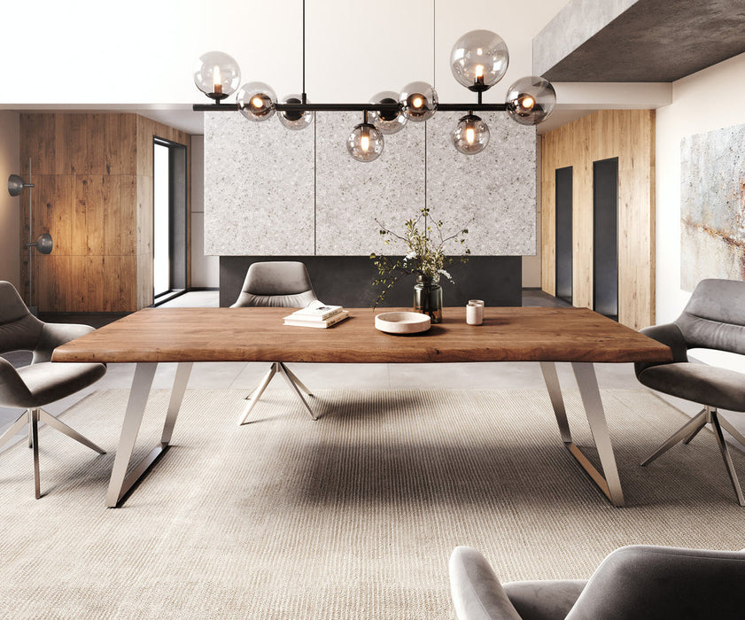 Dining Table Olympus Live Edge 260cm Acacia Wood Brown Slanted Frame Steel 55mm Top