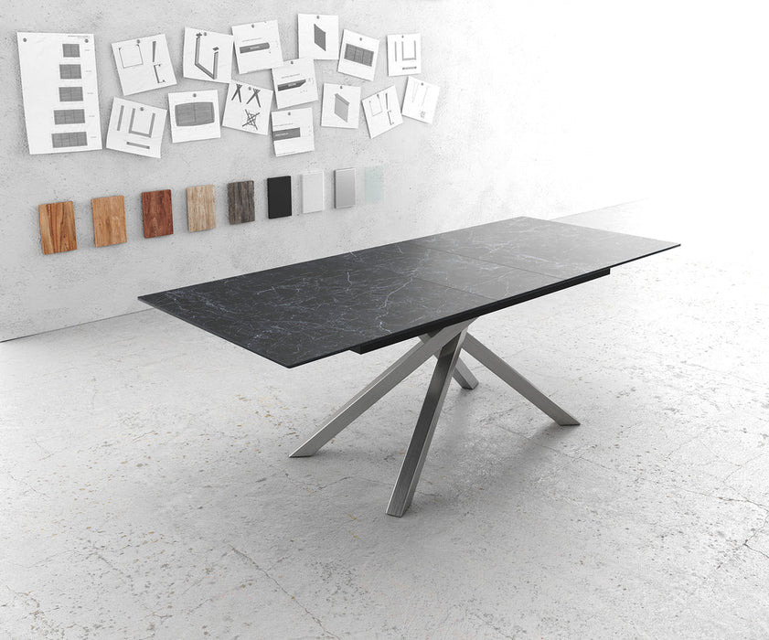 Extendable Dining Table Aurora 180-220x90cm Ceramic Nero Greco Anthracite Cross Frame Silver