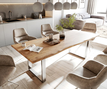 Dining Table Olympus Live Edge 240cm Acacia Wood Natural Square Frame Slim Steel 35mm Top