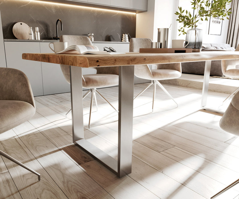 Dining Table Olympus Live Edge 240cm Acacia Wood Natural Square Frame Slim Steel 35mm Top