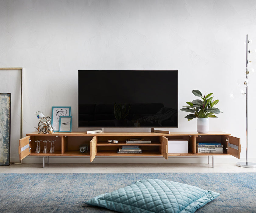 TV Stand Fevo 240cm Acacia Wood Natural 4 Doors 2 Compartments