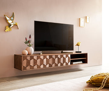Floating TV Stand Fevo 160cm Acacia Wood Brown 2 Doors 2 Compartments