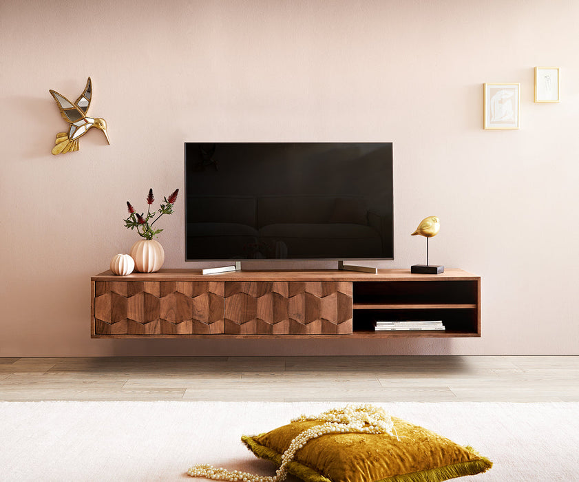 Floating TV Stand Fevo 160cm Acacia Wood Brown 2 Doors 2 Compartments