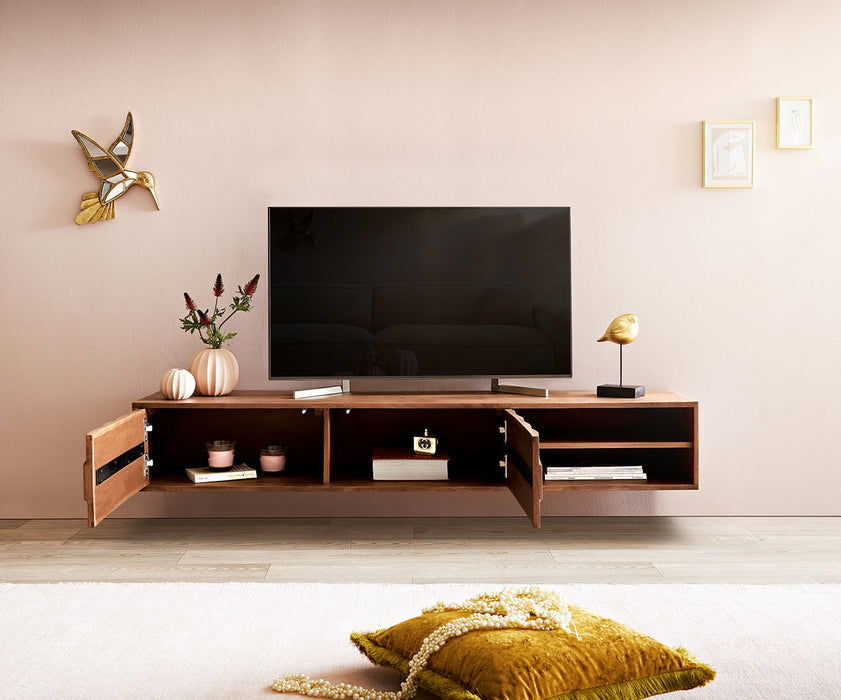 Floating TV Stand Fevo 160cm Acacia Wood Brown 2 Doors 2 Compartments
