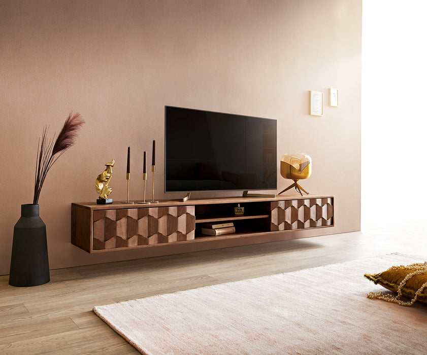 Floating TV Stand Fevo 200cm Acacia Wood Brown 2 Doors 2 Compartments