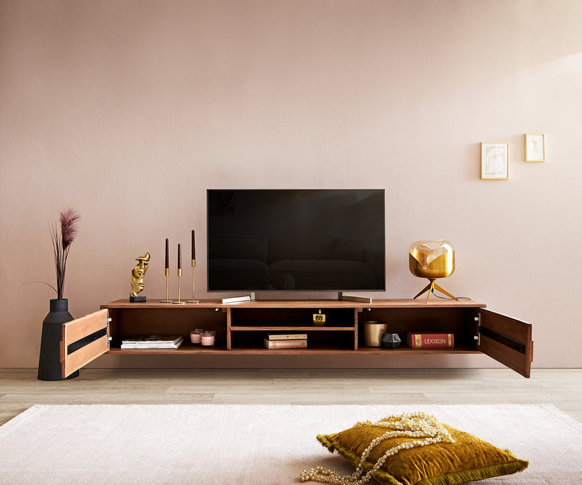 Floating TV Stand Fevo 200cm Acacia Wood Brown 2 Doors 2 Compartments