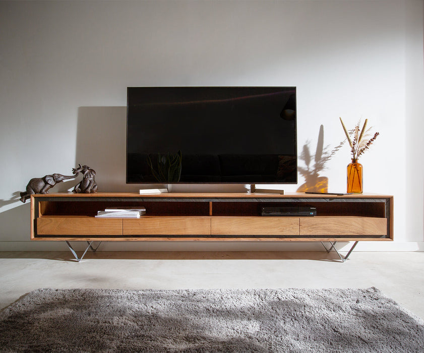 TV Stand Stonegrace Classic 240cm Acacia Wood Natural Stone Veneer V-Feet