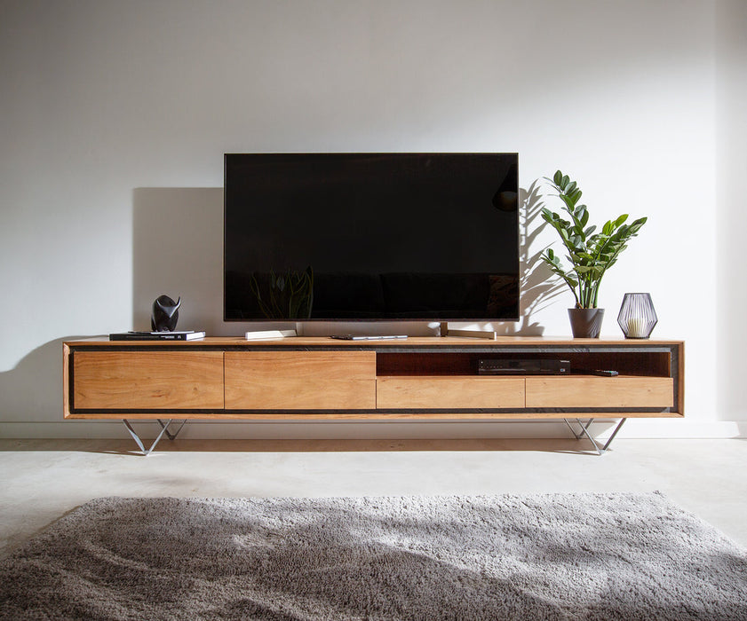 TV Stand Stonegrace Classic 240cm Acacia Wood Natural Stone Veneer V-Feet