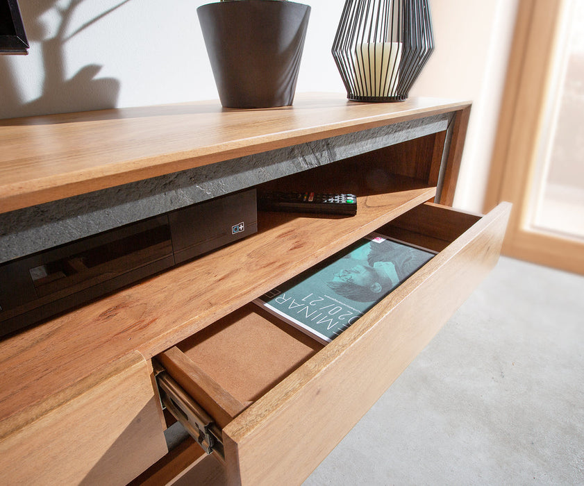TV Stand Stonegrace Classic 240cm Acacia Wood Natural Stone Veneer V-Feet