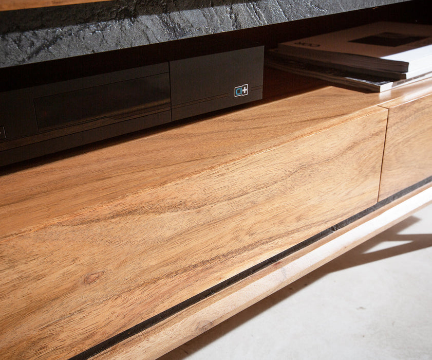 TV Stand Stonegrace Classic 240cm Acacia Wood Natural Stone Veneer V-Feet