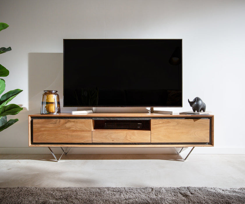 TV Stand Stonegrace Classic 175cm Acacia Wood Natural Stone Veneer V-Feet 2 Doors