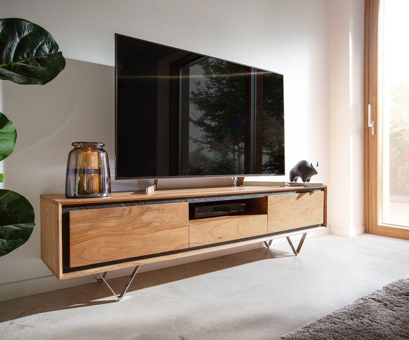 TV Stand Stonegrace Classic 175cm Acacia Wood Natural Stone Veneer V-Feet 2 Doors