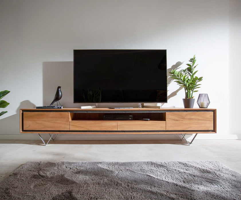 TV Stand Stonegrace Classic 240cm Acacia Wood Natural Stone Veneer V-Feet 2 Doors