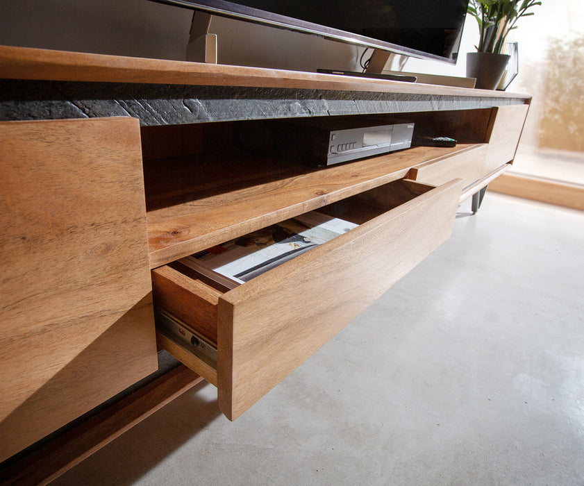 TV Stand Stonegrace Classic 240cm Acacia Wood Natural Stone Veneer V-Feet 2 Doors