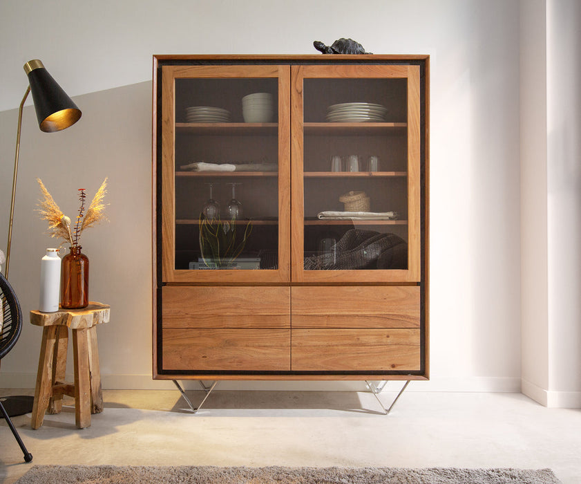 Display Cabinet Stonegrace Classic 115x150cm 2 Doors Acacia Wood Natural Stone Veneer V-Feet