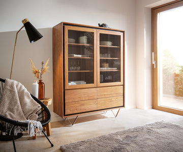 Display Cabinet Stonegrace Classic 115x150cm 2 Doors Acacia Wood Natural Stone Veneer V-Feet