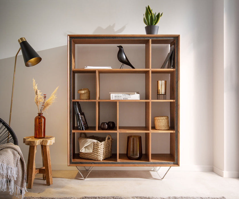 Display Cabinet Stonegrace Classic 115x150cm Acacia Wood Natural Stone Veneer V-Feet