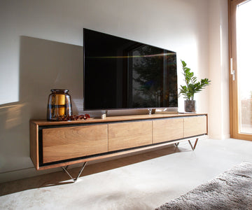 TV Stand Stonegrace Classic 200cm 4 Doors Acacia Wood Natural Stone Veneer V-Feet
