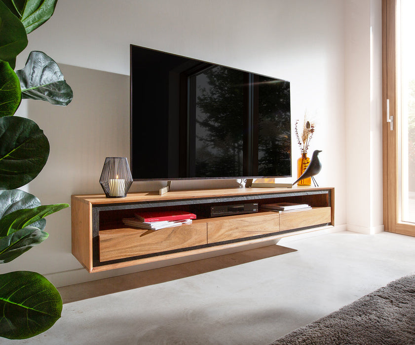 Floating TV Stand Stonegrace Classic 175cm Acacia Wood Natural Stone Veneer