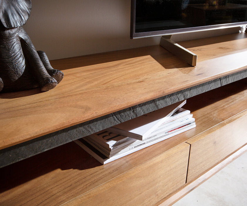Floating TV Stand Stonegrace Classic 240cm Acacia Wood Natural Stone Veneer