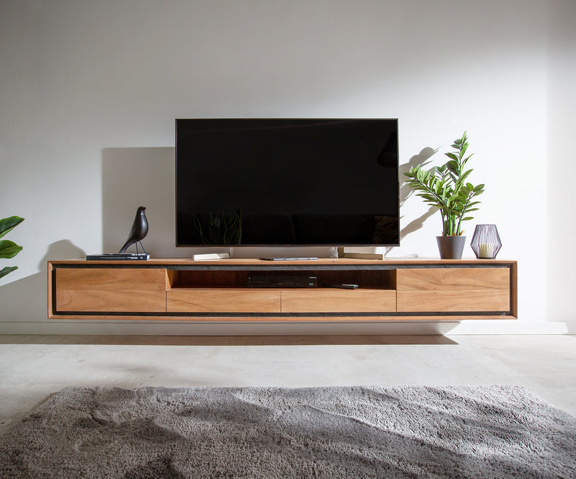 Floating TV Stand Stonegrace Classic 240cm 2 Doors Center Compartment Acacia Wood Natural Stone Veneer