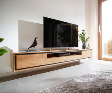 Floating TV Stand Stonegrace Classic 240cm 2 Doors Center Compartment Acacia Wood Natural Stone Veneer