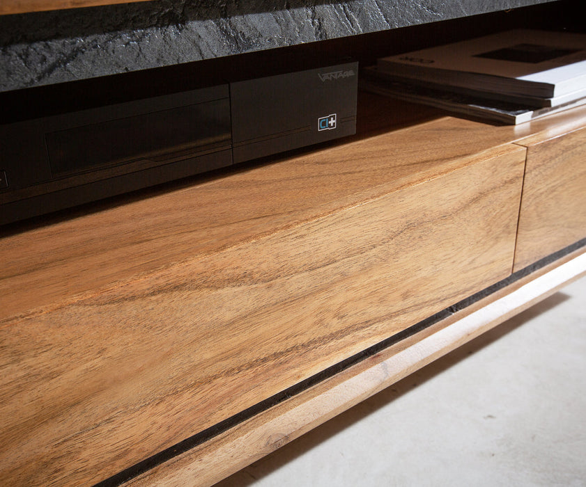 Floating TV Stand Stonegrace Classic 240cm 2 Doors Center Compartment Acacia Wood Natural Stone Veneer