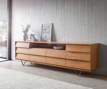 Sideboard Eloi 240cm Acacia Wood Natural 2 Flap Doors 6 Drawers 1 Compartment V-Feet Silver