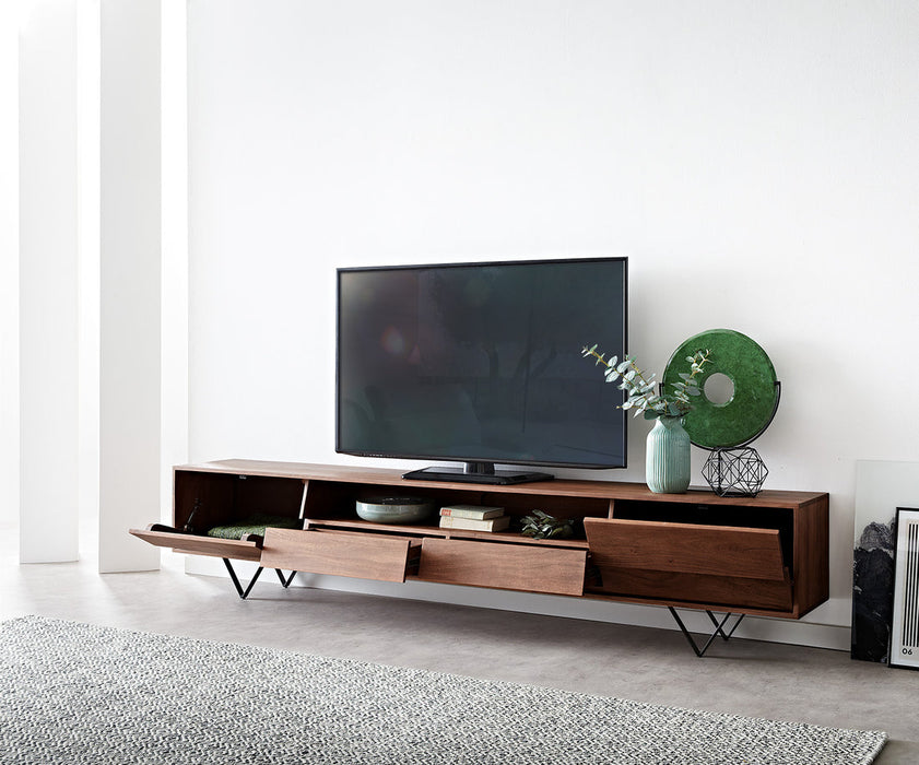 TV Stand Eloi 240cm Acacia Wood Brown 2 Drawers 2 Flap Doors 1 Compartment V-Feet Black