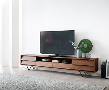 TV Stand Eloi 240cm Acacia Wood Brown 2 Drawers 2 Flap Doors 1 Compartment V-Feet Black