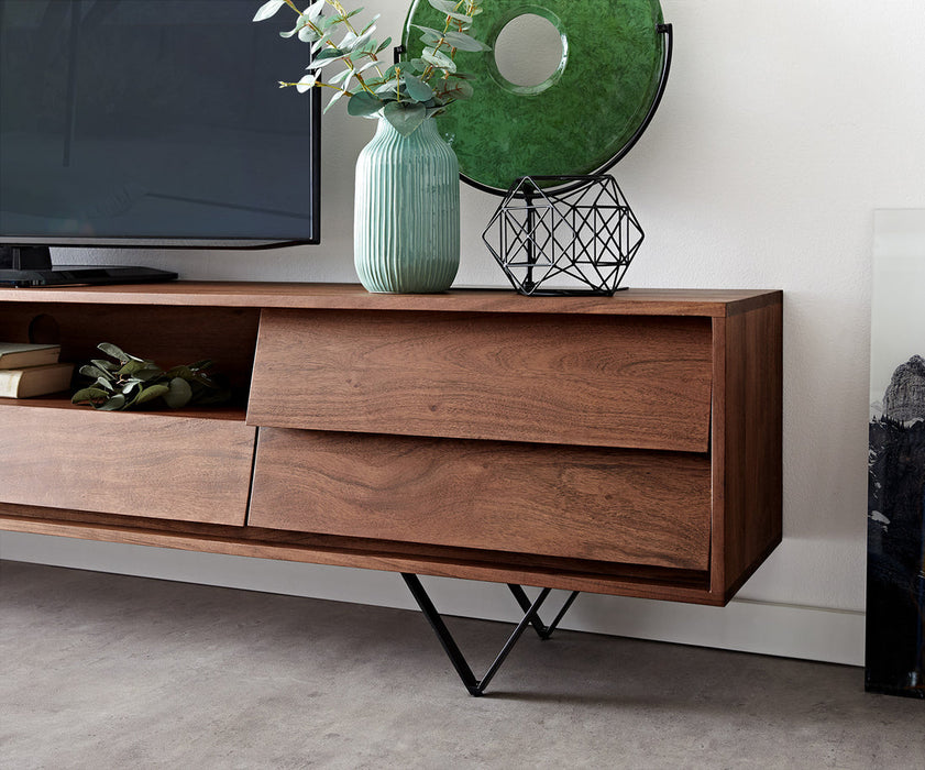 TV Stand Eloi 240cm Acacia Wood Brown 2 Drawers 2 Flap Doors 1 Compartment V-Feet Black