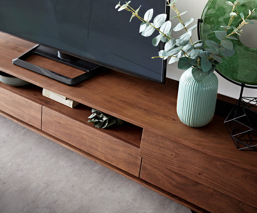 TV Stand Eloi 240cm Acacia Wood Brown 2 Drawers 2 Flap Doors 1 Compartment V-Feet Black