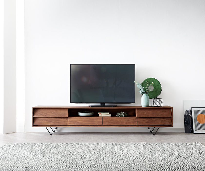 TV Stand Eloi 240cm Acacia Wood Brown 2 Drawers 2 Flap Doors 1 Compartment V-Feet Black