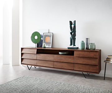 Sideboard Eloi 240cm Acacia Wood Brown 2 Flap Doors 6 Drawers 1 Compartment V-Feet Black